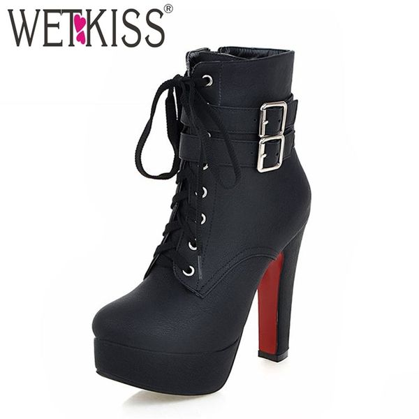 

wetkiss super big size 32-48 thick high heels shoes buckle strap lace up short boots women booties platform autumn winter boots y200723, Black