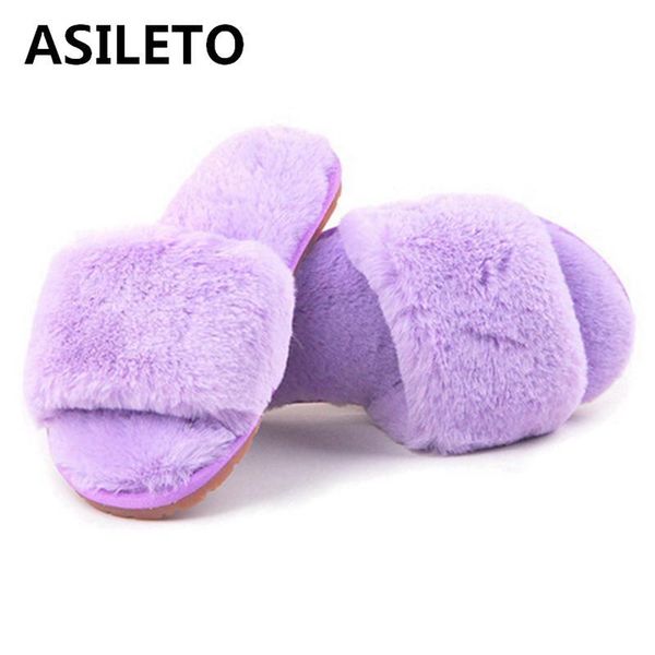 

asileto designer fluffy fur women winter slippers plush home slides indoor casual shoes chaussure femme bont slippers zapatot261, Black
