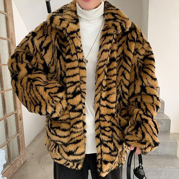 

men tiger pattern fleece fur fluffy coat jacket jumper outwear oversized warm outwear jackets man tiger grain imitate fur, Black