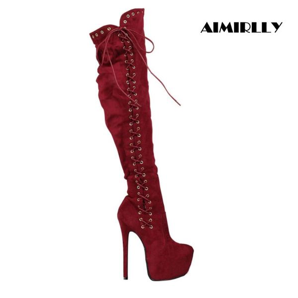 

boots women's round toe high heels platform shoes winter over the knee lace up zipper faux suede wine red, Black