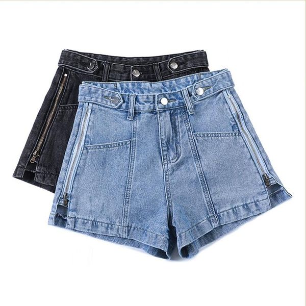 

2021 summer 75%cotton loose slim denim women shorts jeans letter zipper female style wide leg high waist short pants female, White;black