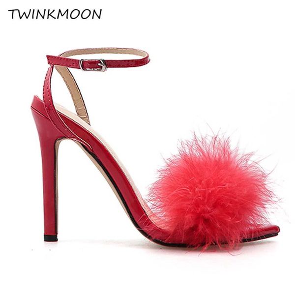 

red fur feather heels sandals women summer shoes pointed open toe ankle strap sandals women new fashion 2021, Black
