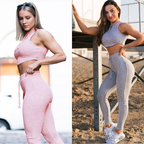 

2019 women knitting fitness set pink slim sport set gym workout running fitness leggings gym suit sport jumpsuit c0122, Gray