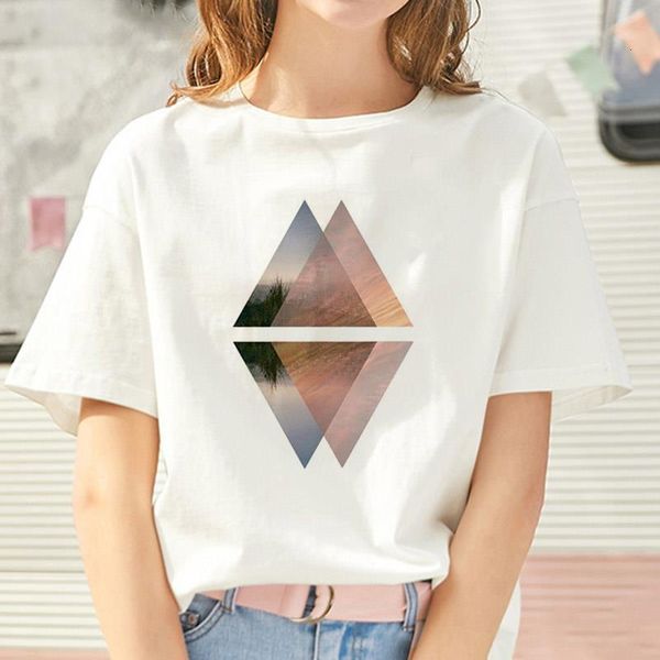 

plus size new geometric figure printed t shirt women 90s short sleeve summer tshirt harajuku fashion landscape t-shirt, White