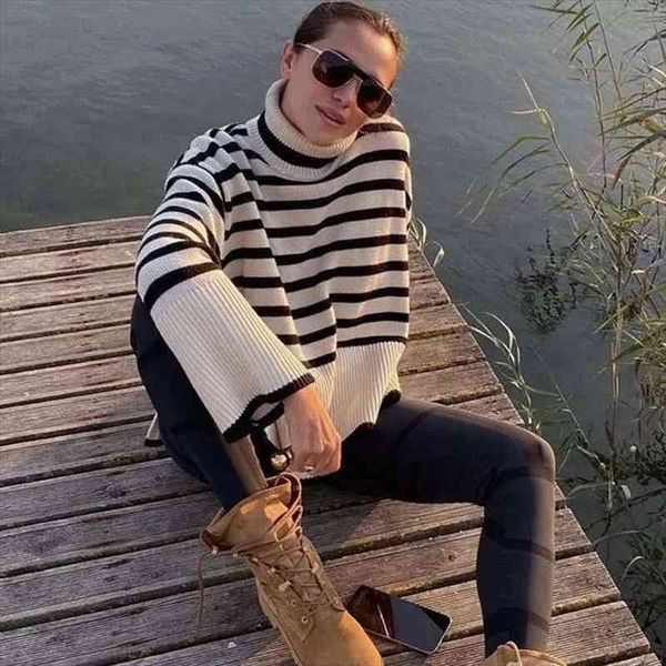 

za turtleneck sweater woman autumn winter striped knitted sweater jumper female oversize pullovers chic, White;black