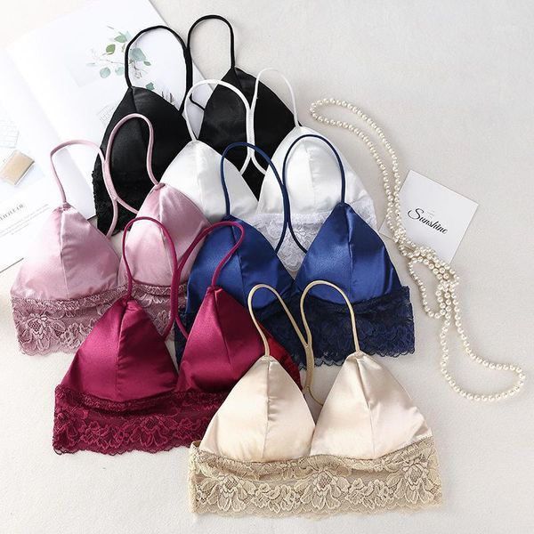 

camisoles & tanks crop women satin silk camis bralette beauty back lace tube strap padded bra 6 colors1, Black;white