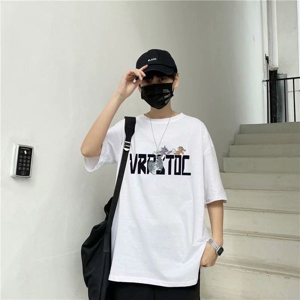 

2020 summer men's cartoon trend loose korean super fire ins 5-sleeve t-shirt, White;black