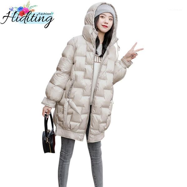 

women parkas winter medium long down cotton jacket 2019 fashion loose warm coat female solid color hooded cotton outerwear win341, Black