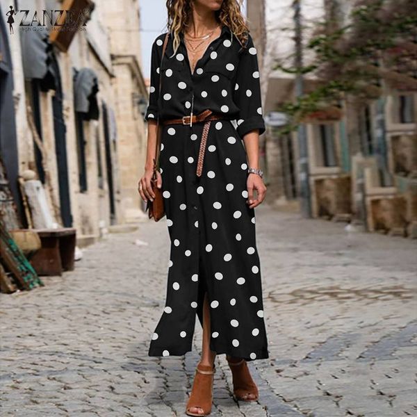 

women long maxi dress bohemian vestidos 2020 zanzea autumn ladies polka dot printed party dresses casual lapel buttons sundress y0118, Black;gray