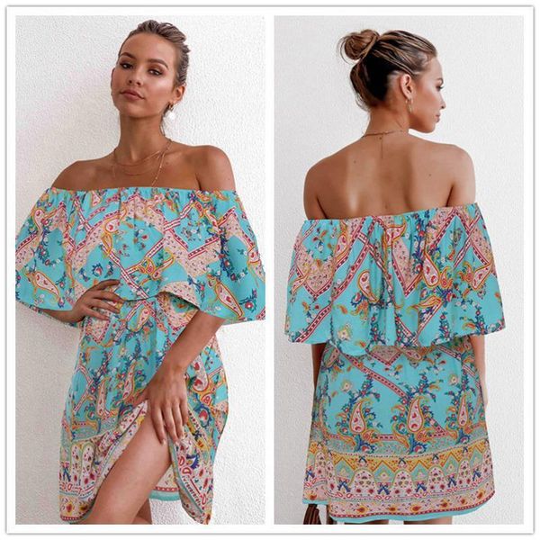 

women boho floral ruffled knee length dress lady off shoulder short dress summer casual loose cotton blend beach sundress1, Black;gray