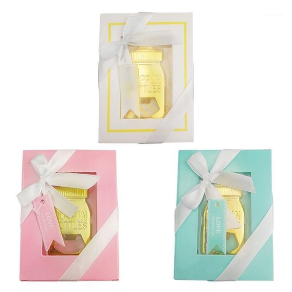 

1pc new creative gold baby bottle bottle opener pink blue box return gifts for guests birthday party supplies party favors1