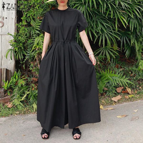 

s-5xl zanzea vintage retro women's jumpsuit 2021 summer cusaul drawstring loose romper ladies solid o-neck short sleeve overalls, Black;white