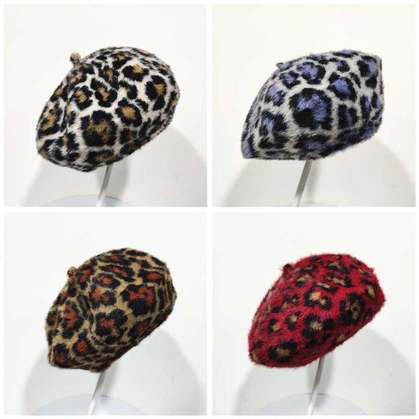 

berets leopard beret female autumn winter hats for women vintage painter flat cap boina feminina fashion pu leather brim beanie, Blue;gray