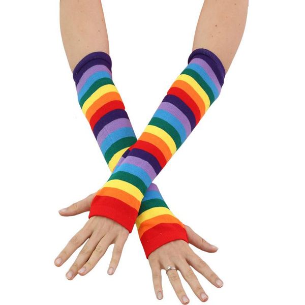 

five fingers gloves rainbow color long warm japanese style slim female arm sleeve striped knitting sunscreen spring autumn guantes, Blue;gray
