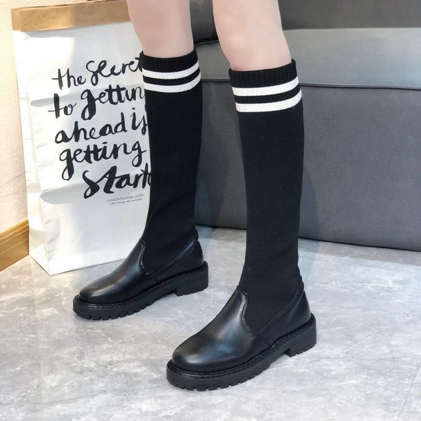 

boots woman 2020 all-match bottom woman boots elastic force thin socks and increase long knee-high cross-tied, Black