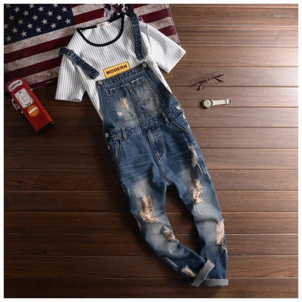 

wholesale-2016 fashion brands ripped jeans bib overalls men slim fit skinny jeans man casual destroy wash denim jumpsuits jeans pants1, Blue