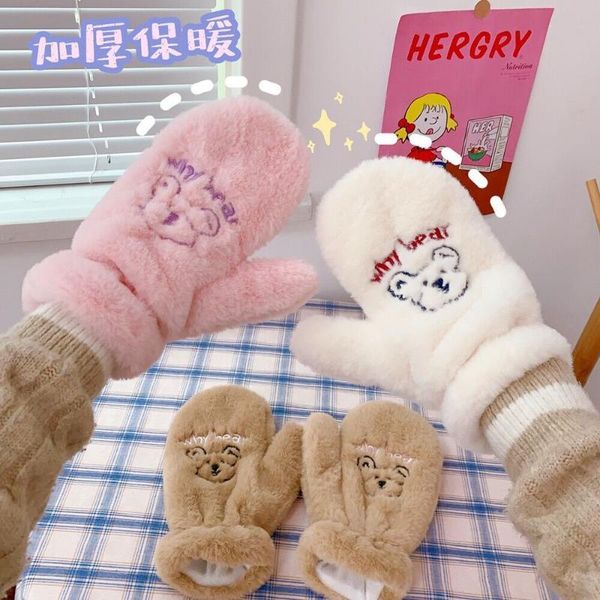 

bentoy cute bear coral fleece girls string soft gloves & mittens winter warm women pink gloves embroidery fashion, Blue;gray