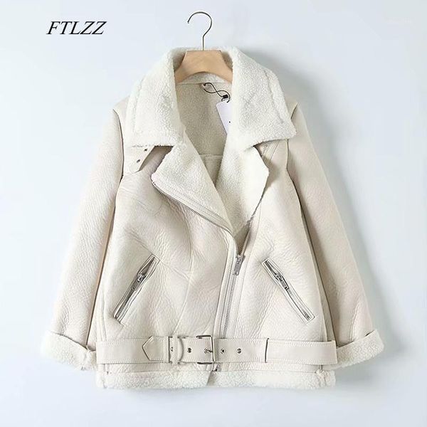 

ftlzz women faux soft leather lamb fur jacket loose coat winter warm faux lambs wool fur moto zipper turndown collar outwear1, Black