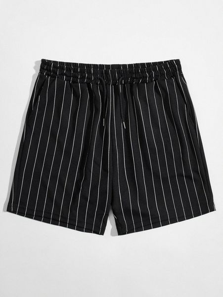 

romwe guys striped drawstring shorts 7'' l6ke#, Black