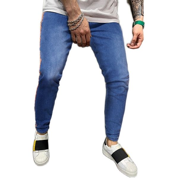 

men spring and autumn new fashion casual blue ribbon patchwork slim denim men's jeans