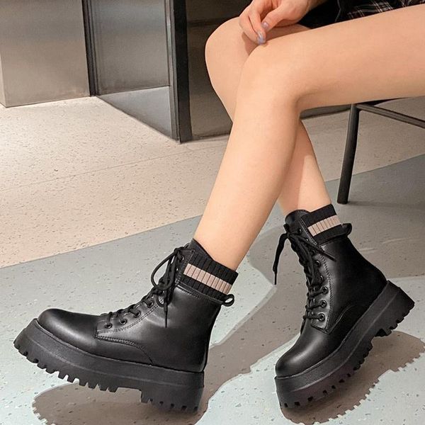 

women's patchwork knitted ankle boot women fashion platform shoes pu leather chunky boots woman casual shoes 2020, Black