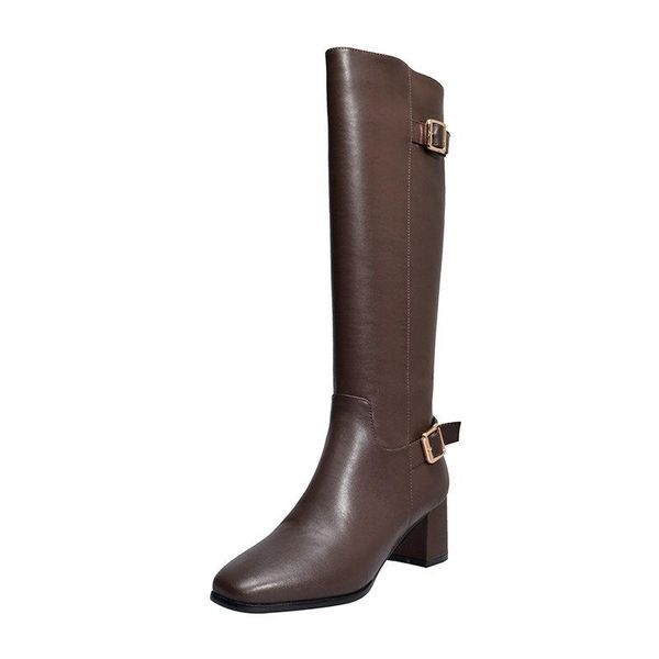 

genuine leather 2020 autumn winter shoes woman side zipper high heels knee high boots party casual shoes woman, Black