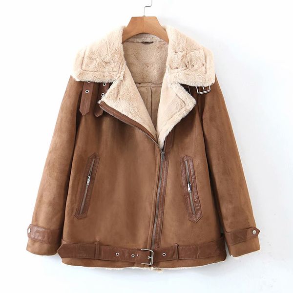 

2021 new winter women motorcycle veet jacket short lapels thick lamb fur coat female casual zipper street overcoats gvad, Black