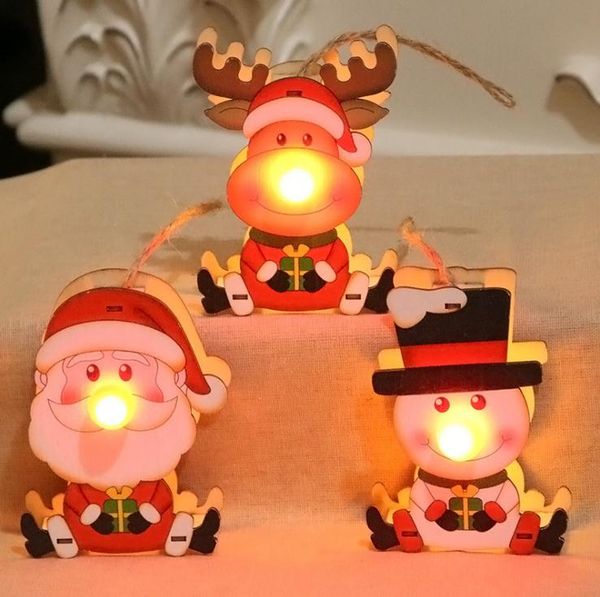 Weihnachten Holz leuchtende Ornamente LED Licht leuchtende Santa Schneemann Hirsch hängen Anhänger Weihnachtsbaum Dekorationen Kind Spielzeug Geschenke SN3465