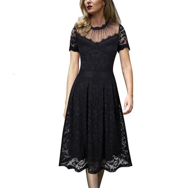 

womens vintage see through floral eyelash lace mesh patchwork cocktail wedding party flare skater a-line midi dress 122, Black;gray