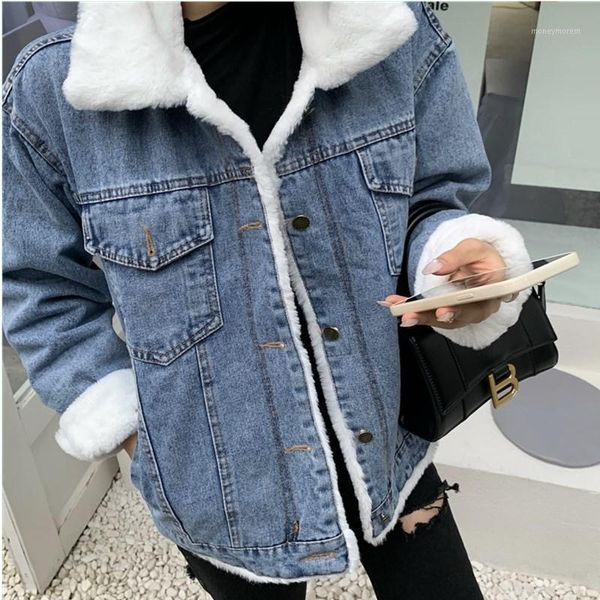 

women's trench coats winter fashion thick warm women short denim jacket coat lambwool outwear jeans outfit female loose casual overcoat, Tan;black
