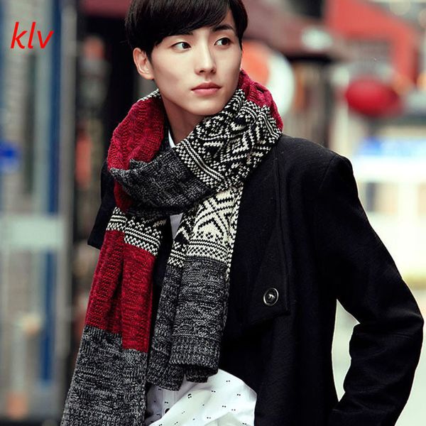 

klv winter gentleman men fashion casual shawl wrap muffler geometric scarf assorted color scarves warm 5 colors y201007, Blue;gray
