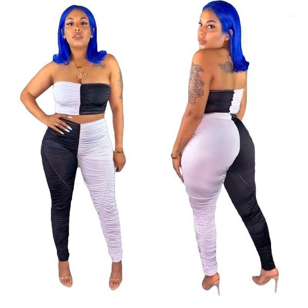 

2020 summer women suit style model strapless patchwork color european and american fashion two piece set1, Gray