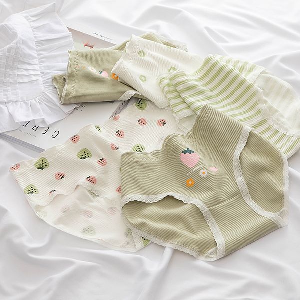 

strawberry striped lotus leaf lace women's cotton pure color girls comfortable breathable panties, Black;pink