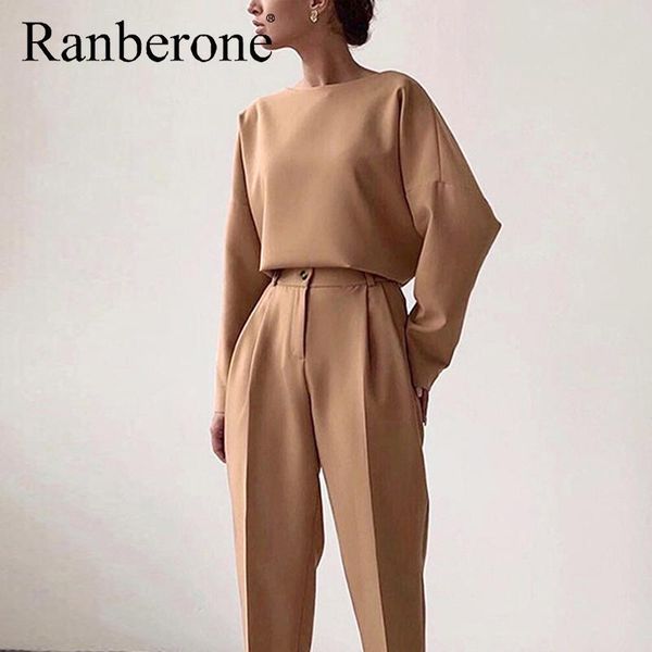 

gym clothing ranberone solid color women's suit round neck long sleeve shirt + high waist office pocket trousers casual tracksuit wives, White;black