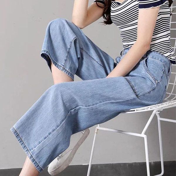 

fashion summer women high waist jeans knee length wide leg jeans for women denim stretch casual pants1, Blue