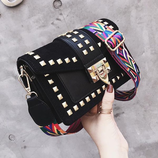 

2020 new frosted women bag wide shoulder strap small square bag fashion rivet crossbody solid messenger bolsa feminina
