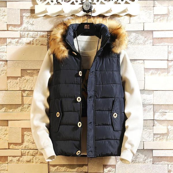 

new 2020 sleeveless fur hoodie vest men winter fashion warm sleeveless jacket slim waistcoat for men windbreaker coats xxxl, Black;white