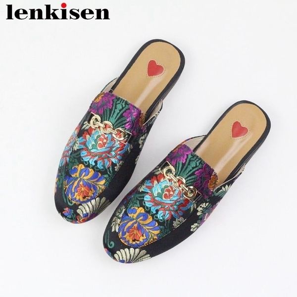 

lenkisen genuine leather slip on outside slippers oriental embroider mules metal decoration streetwear fashion women shoes y200423, Black