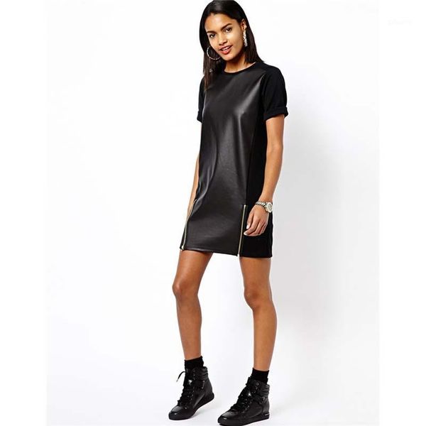 

autumn winter pu patchwork punk mini dress round neck short sleeve causal faux leather dress night club wear women loose dresses1, Black;gray