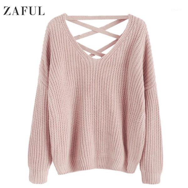 

zaful autumn solid women causal sweater v-neck drop shoulder female pullovers lace up long sleeves feminino knitted loose jumper1, White;black