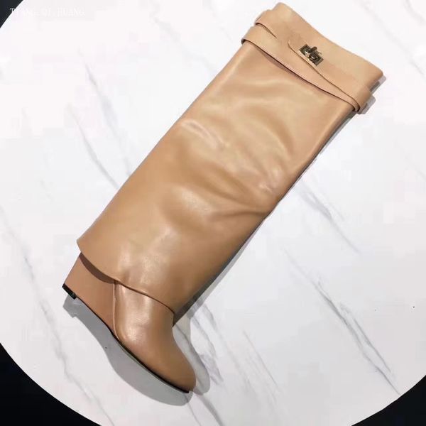 

2021 shark classic winter blocking designer genuine leather folds on knee female boots goth women's shoes 9yw8, Black