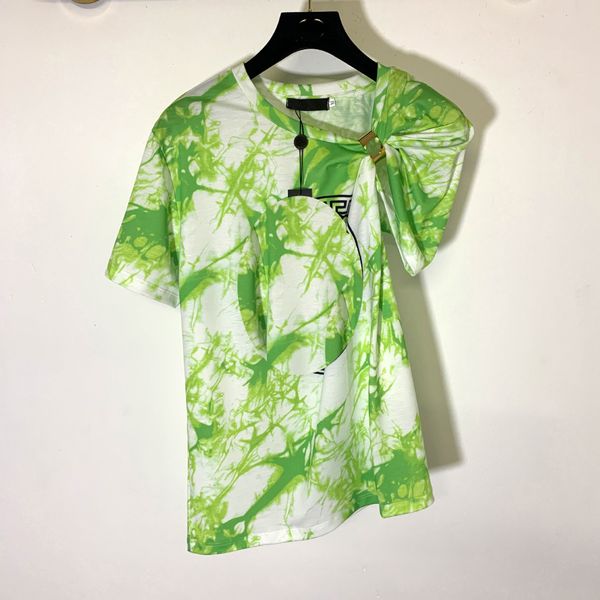 

fanjia design metal button decoration exposed clavicle halo dye printing fashion versatile short sleeve t-shirt, Black;brown