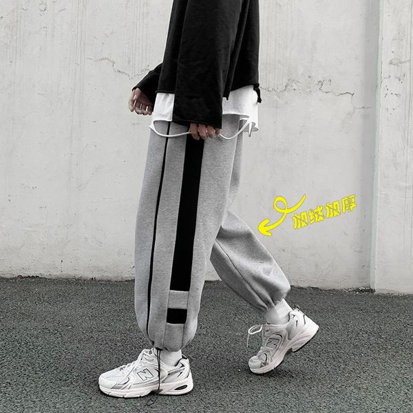 

trousers 2021 men's autumn new winter contrast thin mosaic strip relaxed pants leisure male wear u9ly, Black