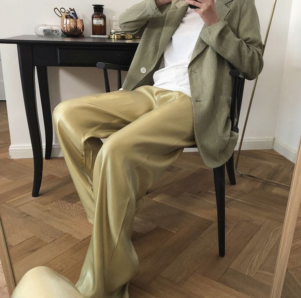

2021 new summer casual satin loose style long high waist straight women wide leg pants female trousers grmi, Black;white