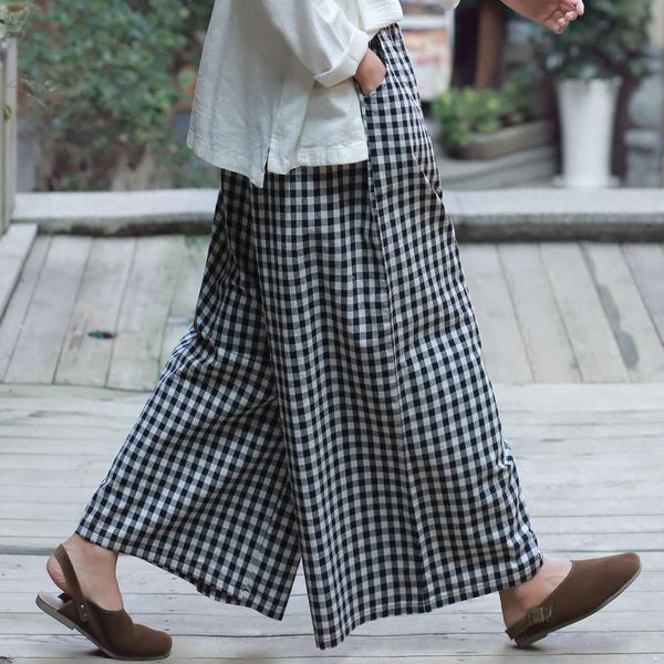 

2020 spring summer new literature and art loose large cotton hemp wide leg women's plaid skirt pants, Black;white