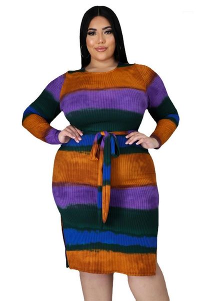 

fashion bandage panelled long sleeve womens 5xl dresses casual females clothing stripe print womens plus size dresses