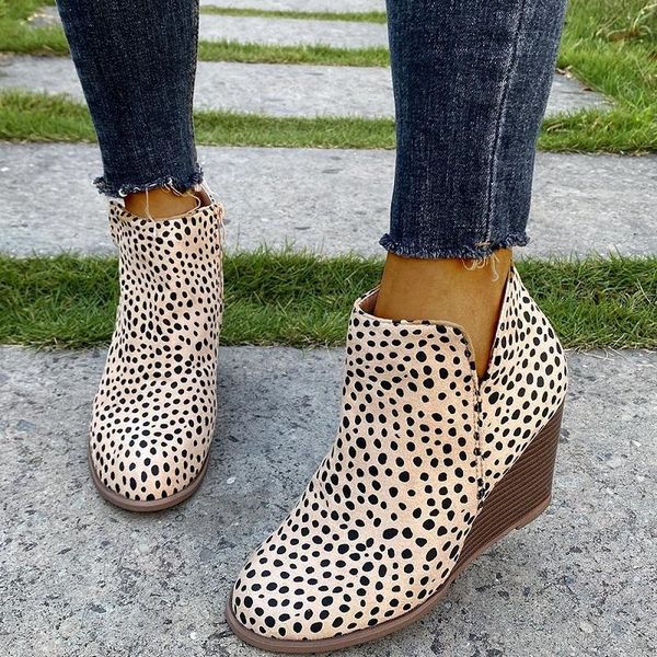 

wedges women ankle boots leopard zipper high heels platform ladies shoes autumn winter vintage martin boots botas mujer, Black