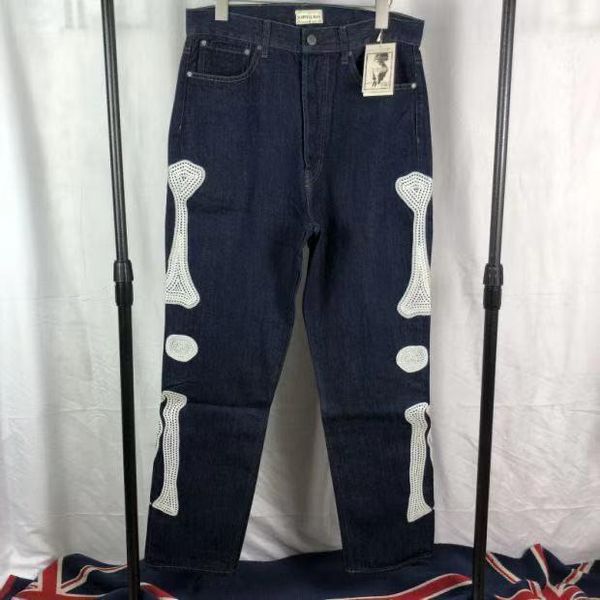 

kapital bone embroidery printed straight jeans men women fashion trousers hip-hop high street kapital denim pant1, Blue