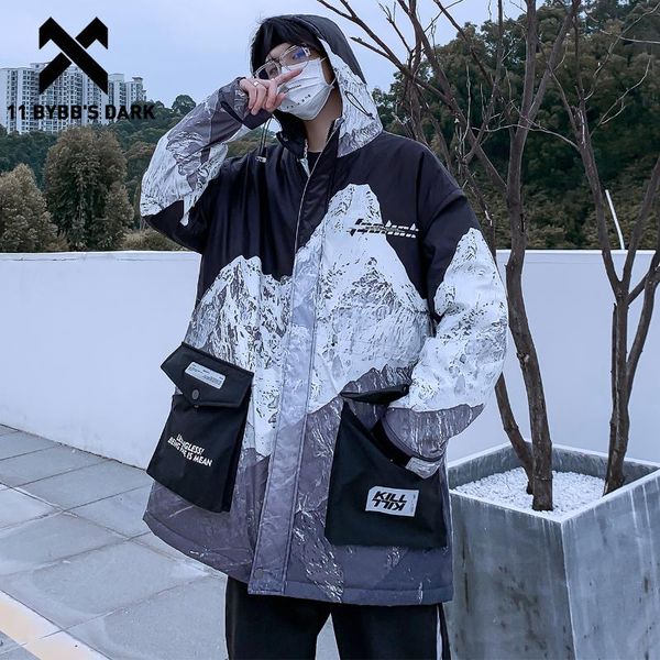 

men's down & parkas 11 bybb's dark snow mountain print thick padded coats hip hop streetwear winter jackets mens harajuku cotton w, Black