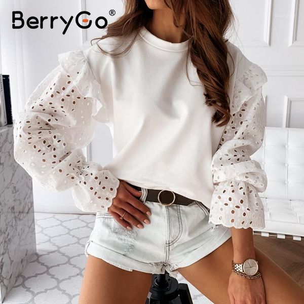 

berrygo casual white cotton women work blouse shirt fashion shirt hollow out long sleeve blouse o-neck summer blusas 20201